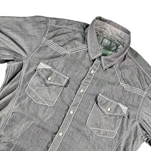 BKE Mens L Athletic Fit Shirt Thick Contrast Stitching Gray Short Sleeve Western